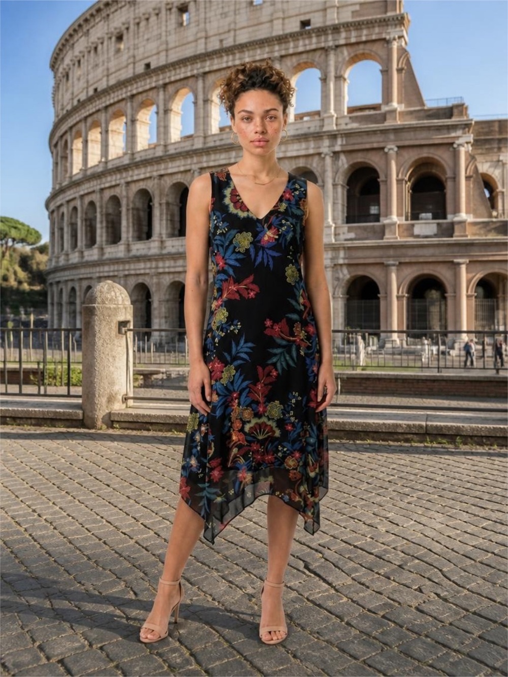 Karen Kane Multi Color Floral On Black Sleeveless Dress - Small